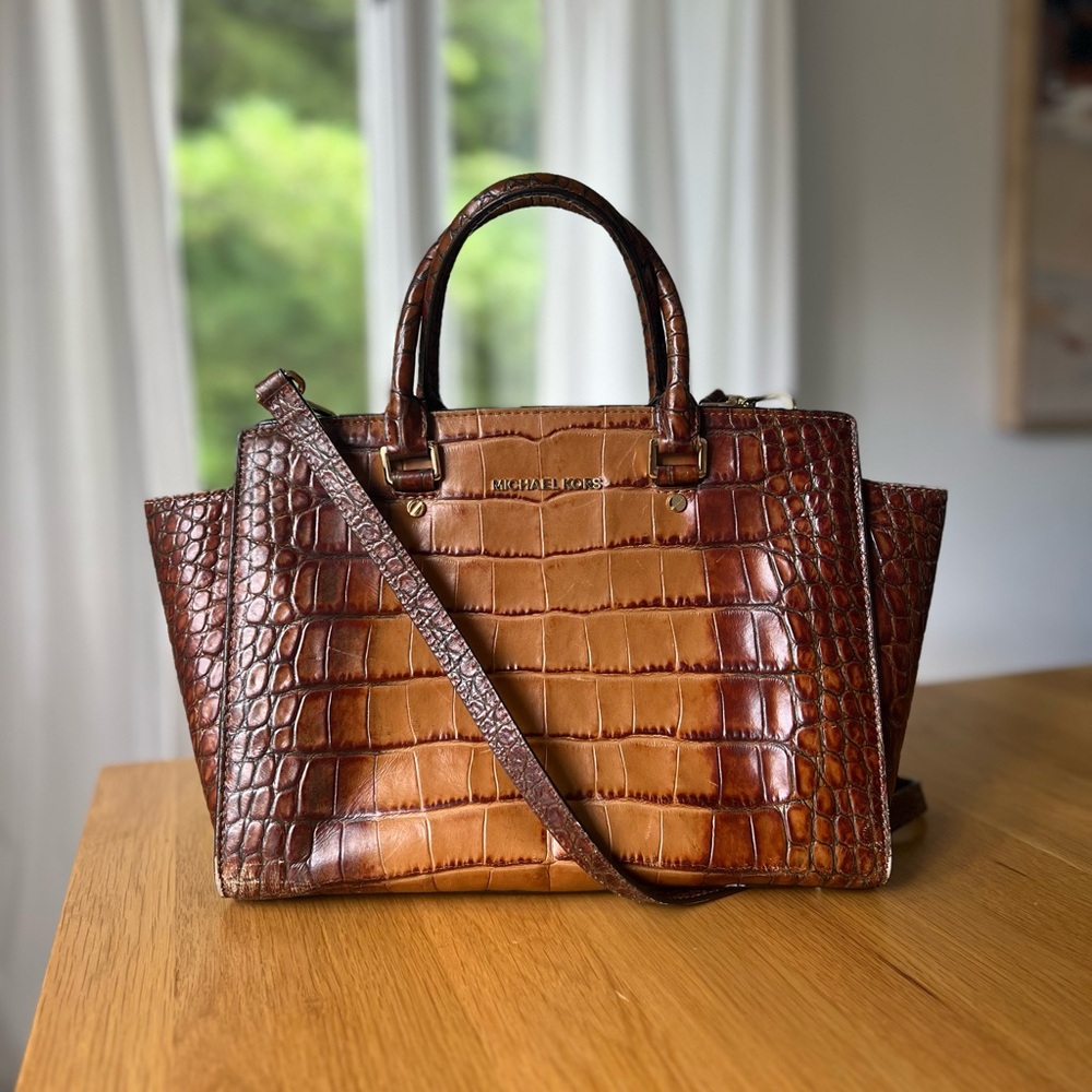 Michael Kors Selma Brown Crocodile-Embossed Leather Tote